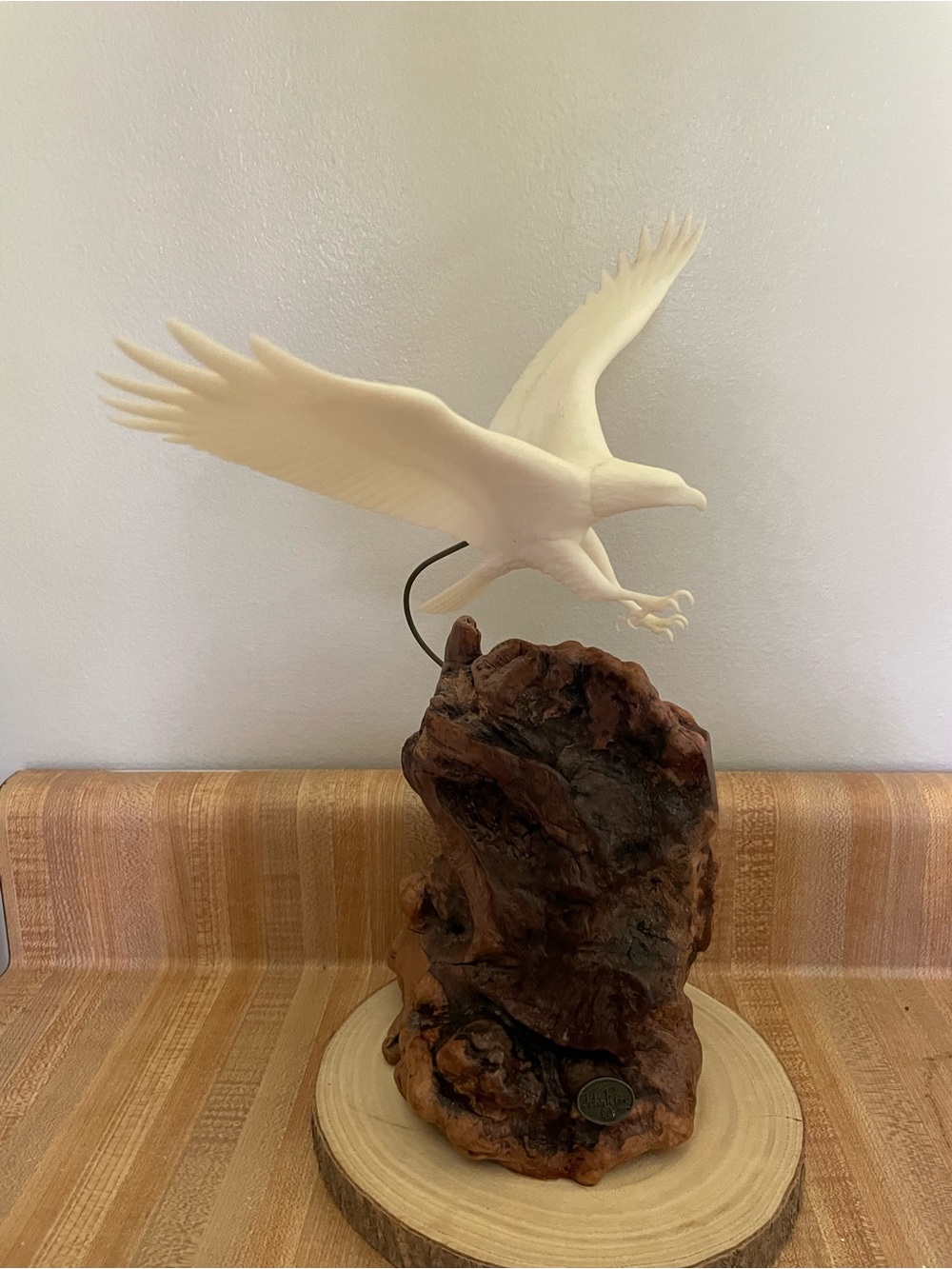 Handcrafted Eagle Sculpture in Cream on Wooden Base